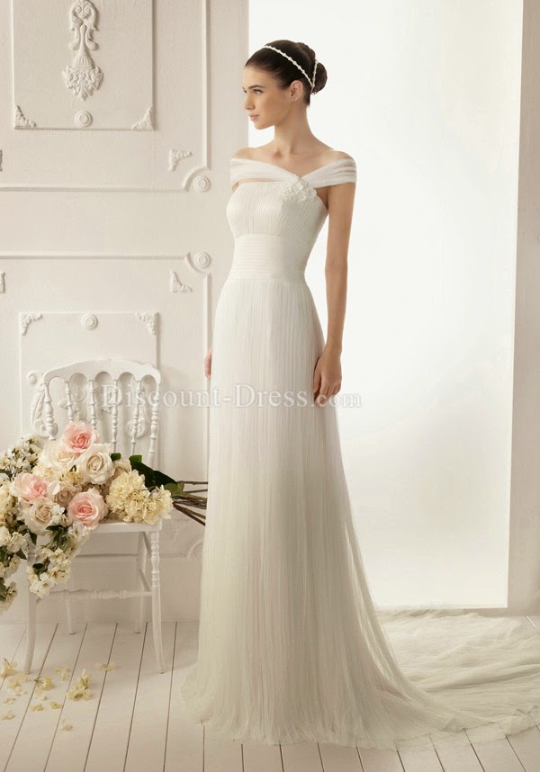 Chic A line Floor Length Off the Shoulder Tulle Sleeveless Wedding Dress