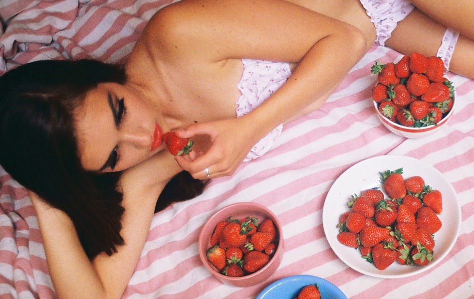35mm photo of Frances Tomei in the Strawberry Rosary Lingerie Set