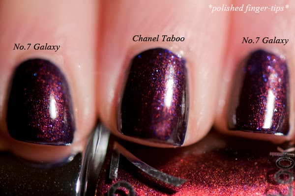 Chanel Taboo dupe test with No.7 Galaxy - artificial light Chanel Taboo dupe test with No.7 Galaxy - artificial light