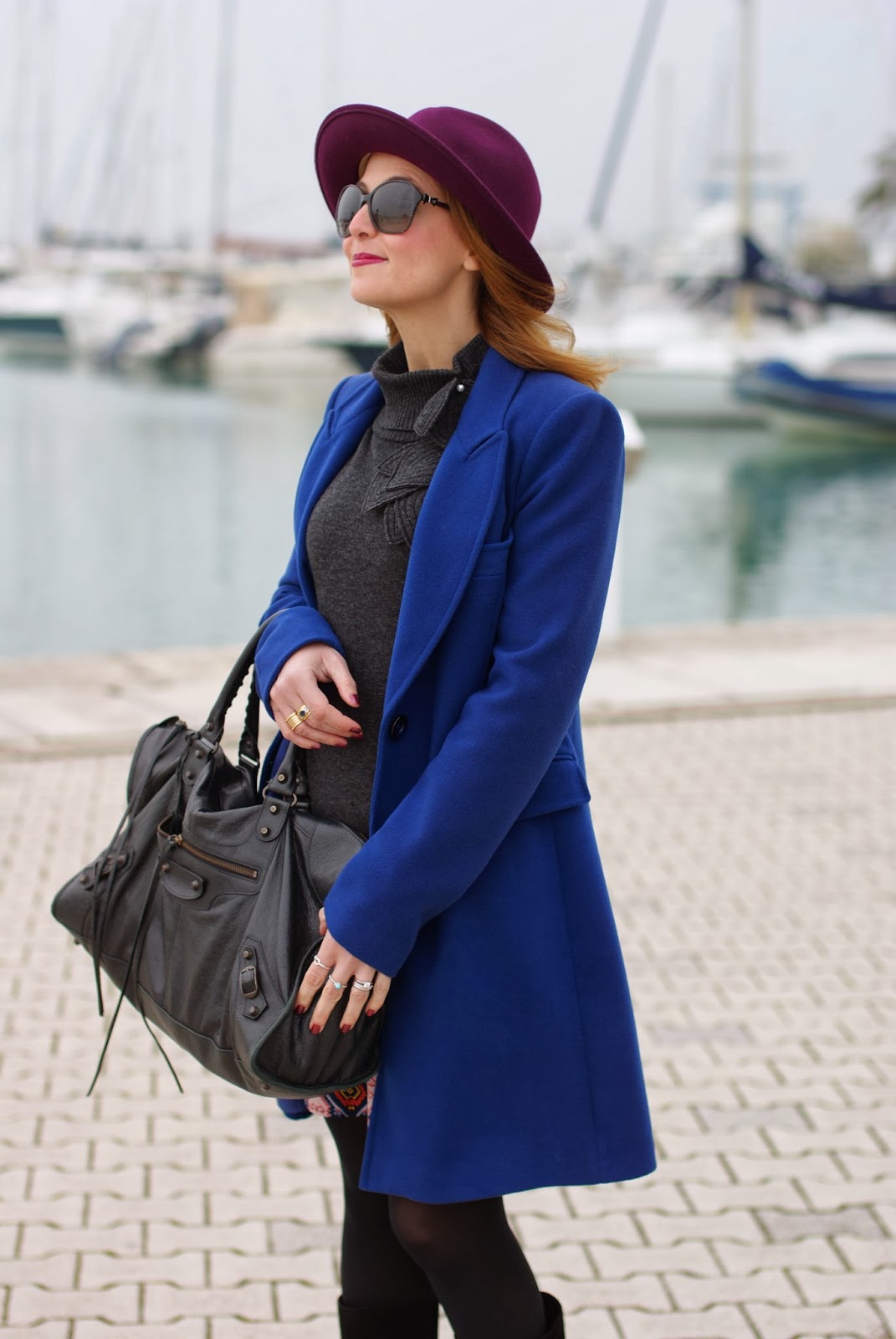 Paola Frani cappotto, Ecua-Andino hat, cobalt blue coat, Balenciaga work bag, Fashion and Cookies, fashion blogger