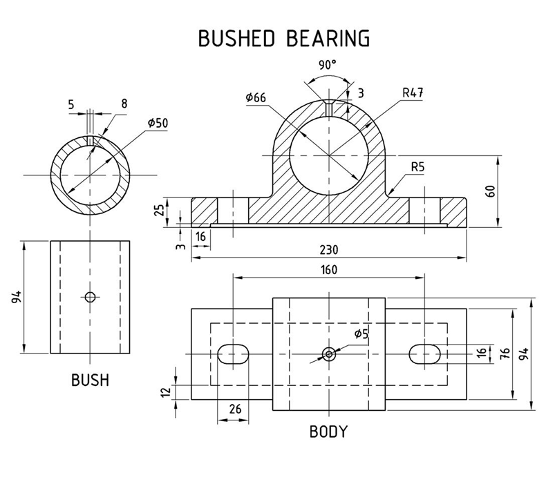 Machine Drawing Bushed Bearing and Gib and Cotter Joint
