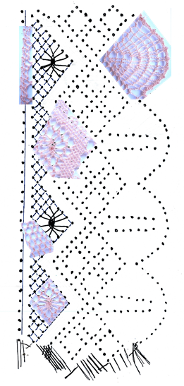 foto 7: fotomontaje sobre esquema-picado puntilla de encaje de bolillos número 1 de pie, torchones, milano o araña, punto de red, pluma y trenza de 4 cabos