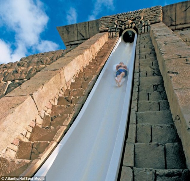 The Mayan Temple water slide in the Bahamas Shooting through the air, the ride can send visitors plummeting at 35 mph