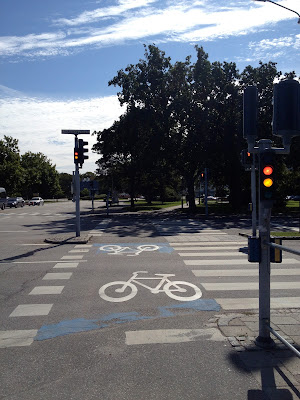 bike lane stoplight and lane adjacent to the pedestrian crosswalk painted in the bike lane are bikers and the pedestrian crosswalk has stripes
