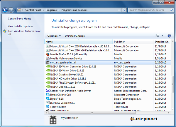Control Panel Uninstall Program MystartSearch