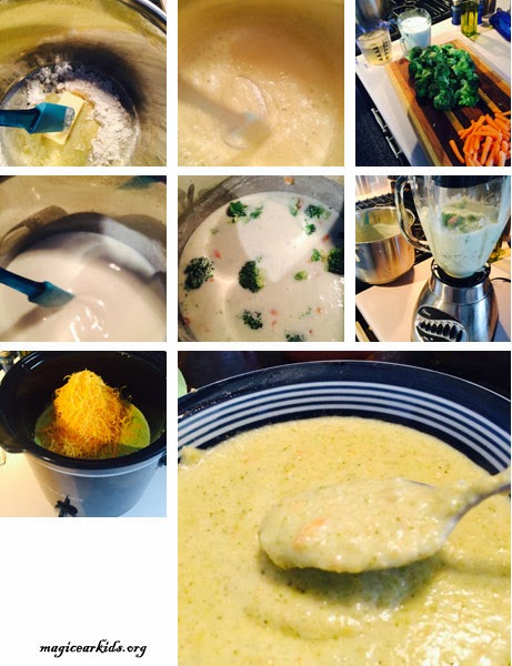 From start to finish steps to make homemade broccoli and cheese soup.