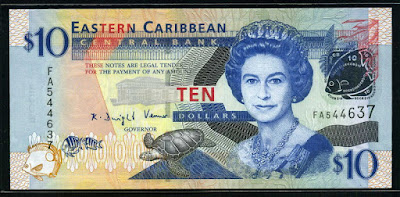 East Caribbean currency Dollars banknote bill, Queen Elizabeth
