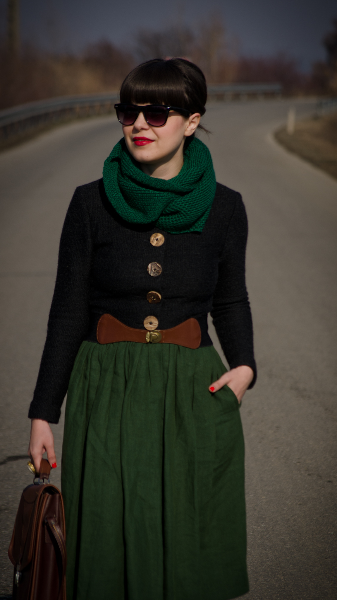 khaki midi dress thrifted brown boots green scarf army green outfit brown satchel bag