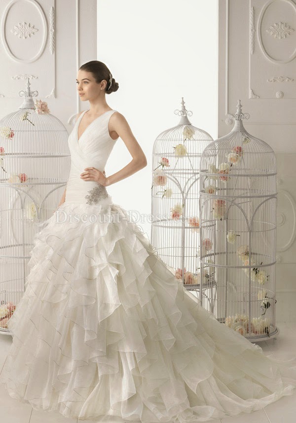 Glamorous A line V Neck Organza Zipper Back Floor Length Bridal Gown