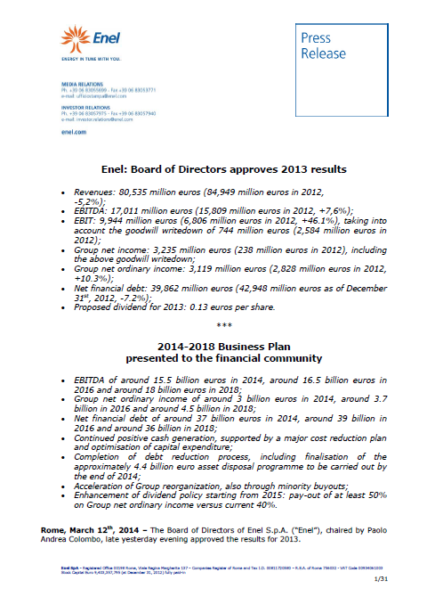 Enel, front, annual, report, 2013