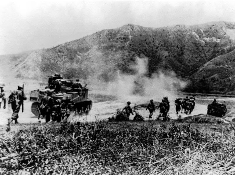 Gurkhas advancing with Lee tanks to clear the Japanese from Imphal-Kohima road between 8 March - 3 July 1944 Gurkhas advancing with Lee tanks to clear the Japanese from Imphal-Kohima road between 8 March - 3 July 1944