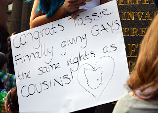 Congrats Tassie. Finnally[sic] giving GAYS the same rights as COUSINS!