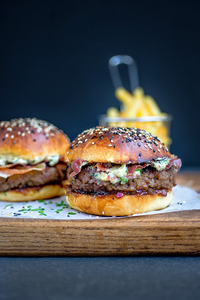Blue Cheese Burgers on Light Brioche Rolls with Crispy Pancetta and