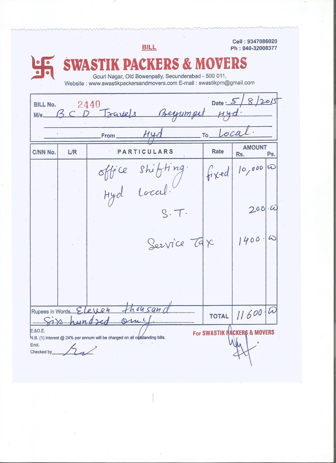 movers and packers bill