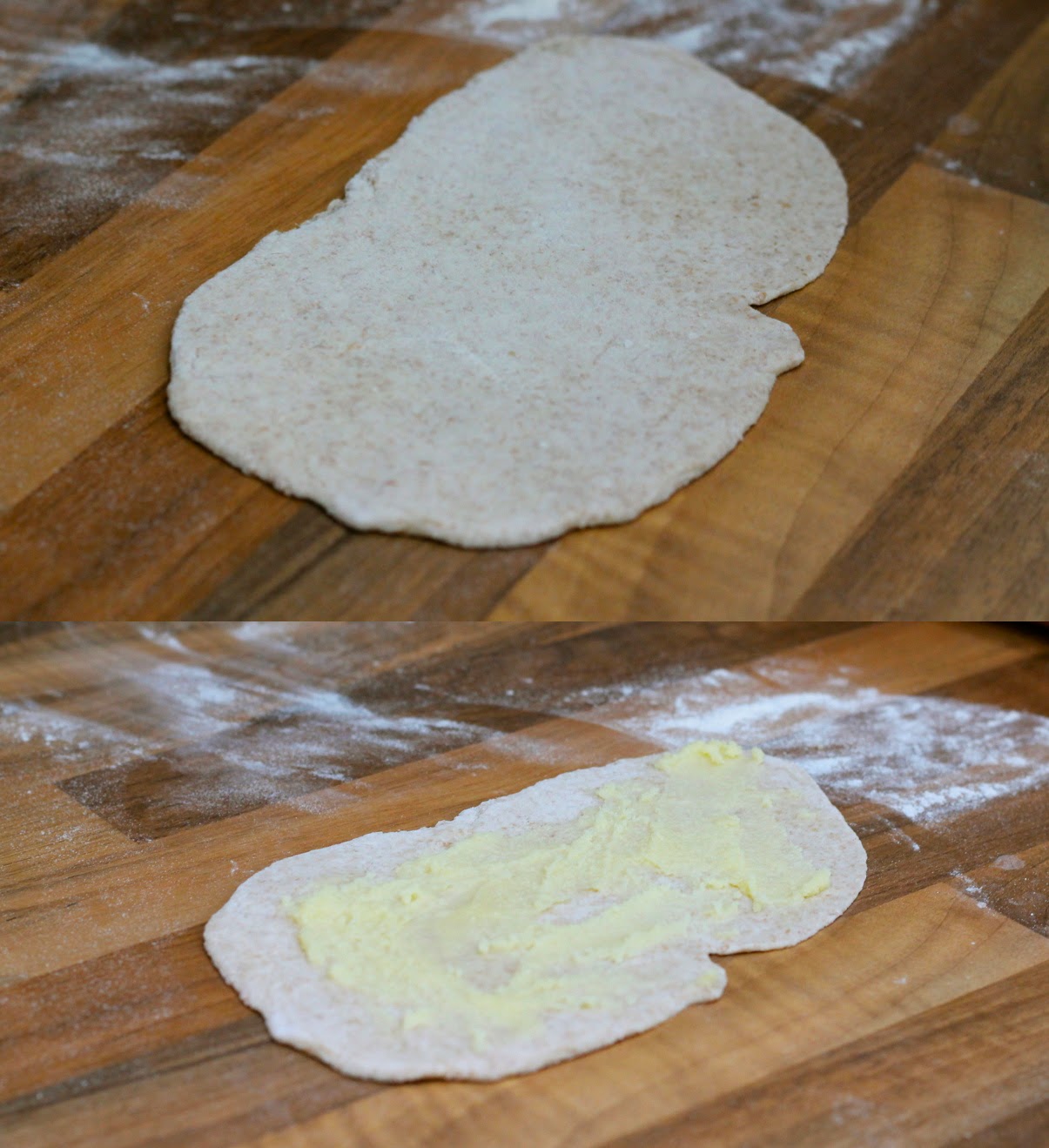 Paratha dough spread with ghee