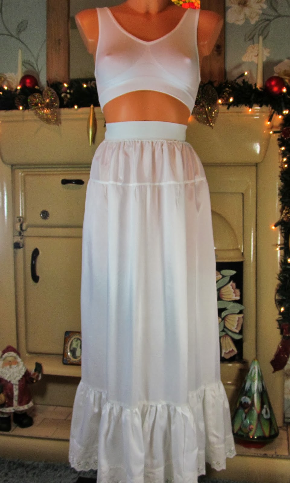 VTG WHITE SOFT FLOPPY SISSY RUSTLY MAXI HALF SLIP PETTICOAT UNDER SKIRT