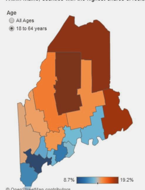Maine's counties in different colors, ranging from dark blue (Cumberland) to medium blue (southern coast mostly) to light tan-orange (Oxford, Franklin, Kennebec, Penobscot, Somerset), to dark red and brown (Washinton, Aroostook, Piscataquis).