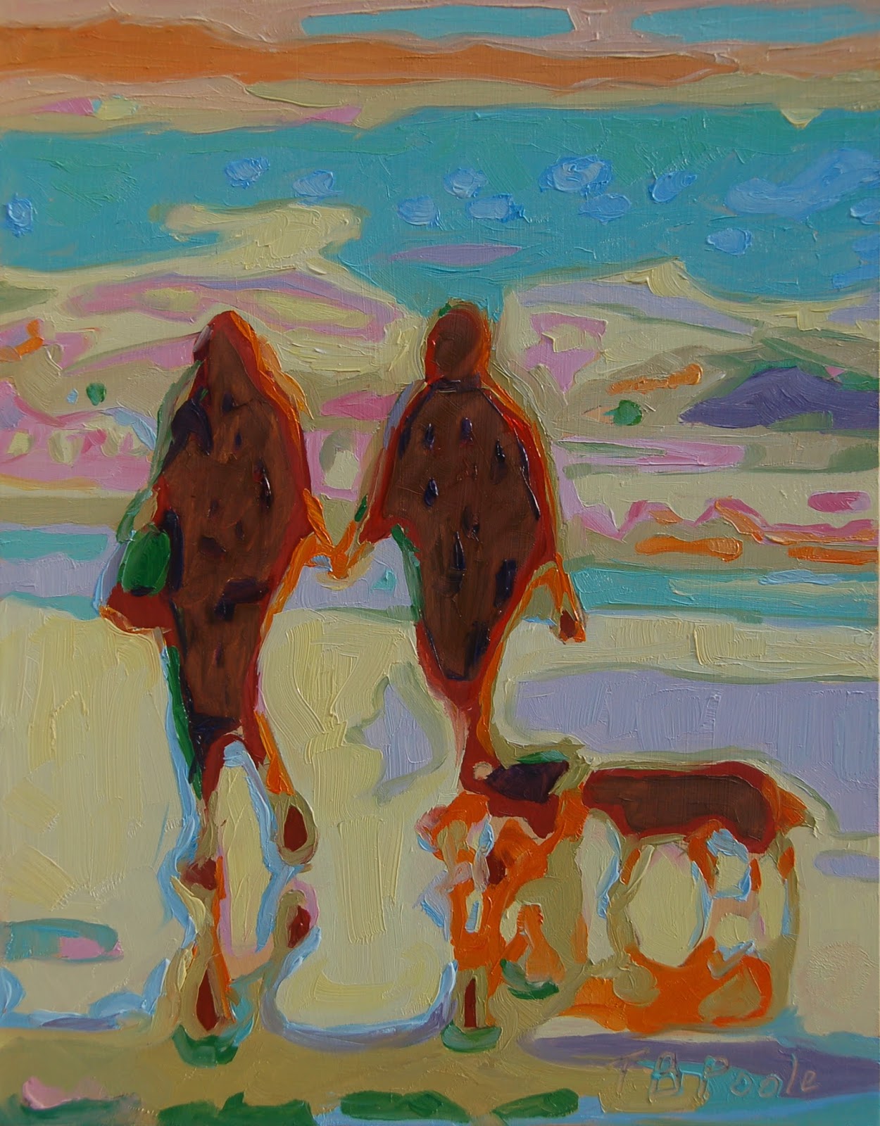 Bertram Poole Fine Art Hand In Hand On Beach With Two Dogs Oil