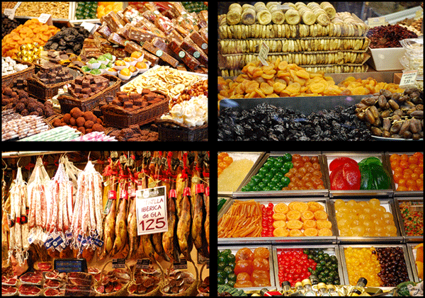 4 photos of food offerings at La Boqueria market, Barcelona Spain