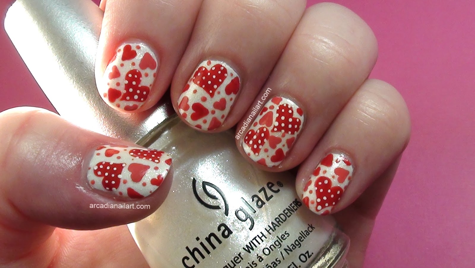 Arcadianailart Easy Polka Dot Hearts Nail Art Tutorial Polka Dot Hearts Nail Art