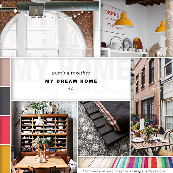 A style board collage of my favorite interiors with a colorful industrial vibe as a single dream home inspiration.