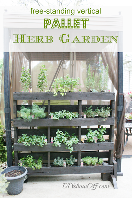Free standing vertical PALLET Herb Garden, by DIY Showoff, featured on I Love That Junk