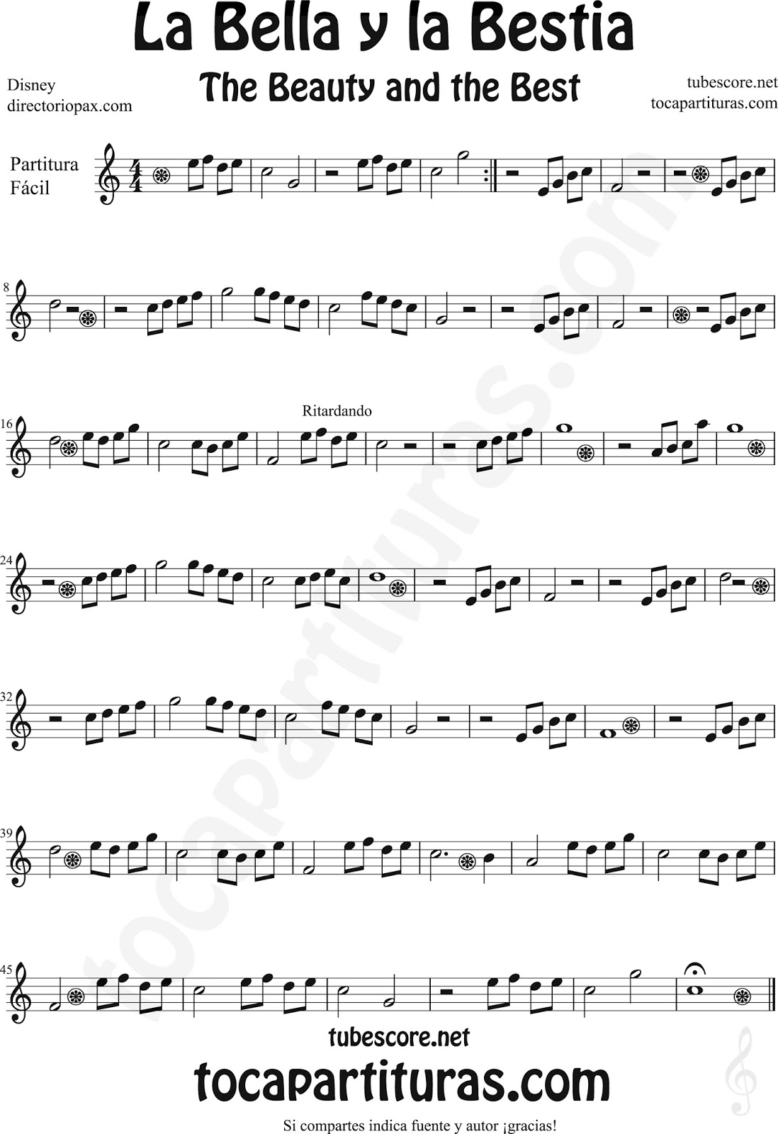 Tubescore Beauty And The Beast Ost Sheet Music For Flute Violin Alto Sax Trumpet Viola Oboe Clarinet Tenor Sax Soprano Sax Trombone Flugelhorn Cello Bassoon Baritone Sax Euphonium Horn Tube