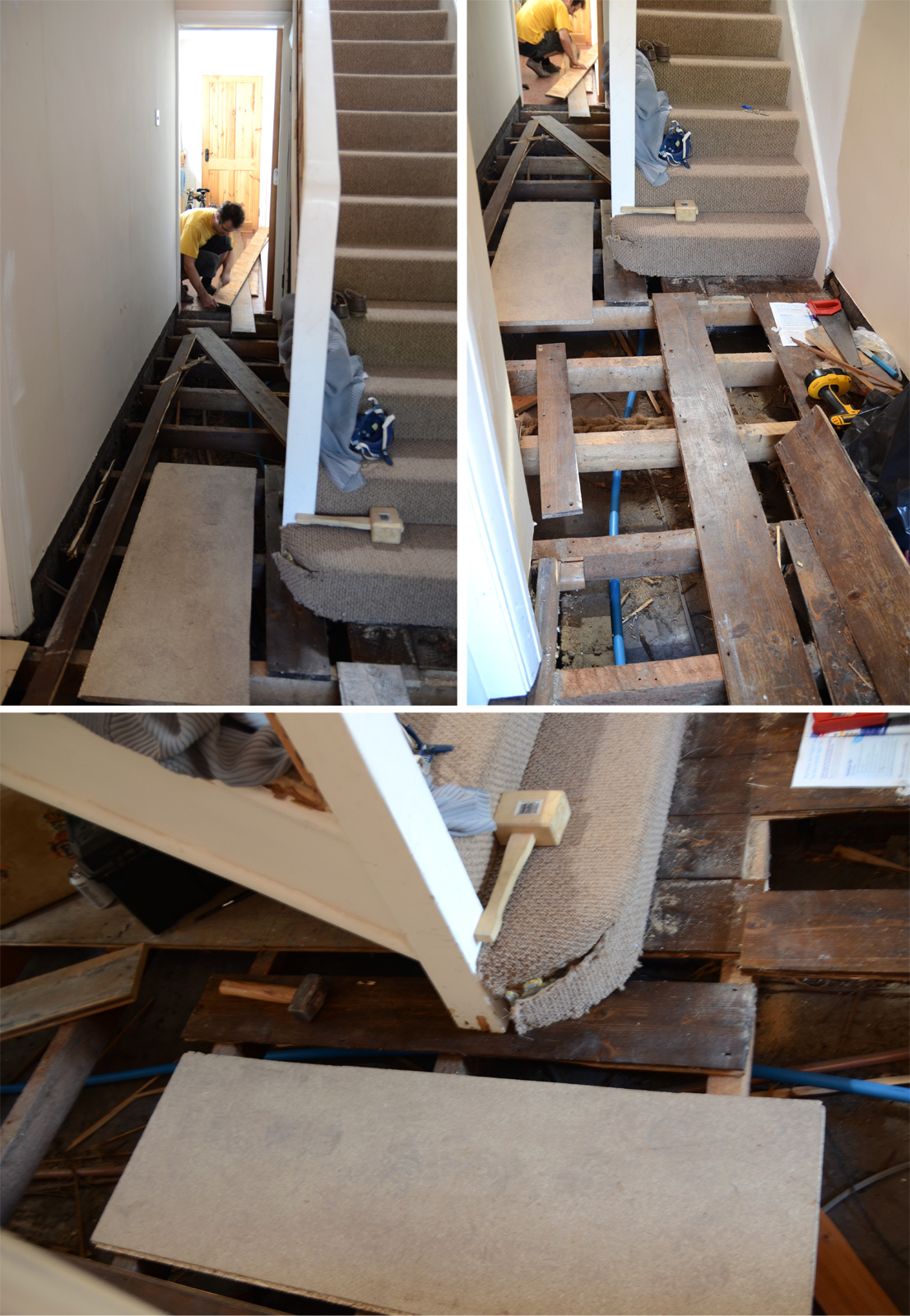 hallway finally. so here we go again with the hallway finally ready to get all old floorboards up only realise that staircase main post seems be
