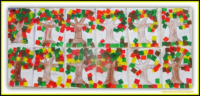 Fall Trees on the Bulletin Board with Tissue Paper Leaves via RainbowsWithinReach Fall Trees on the Bulletin Board with Tissue Paper Leaves via RainbowsWithinReach
