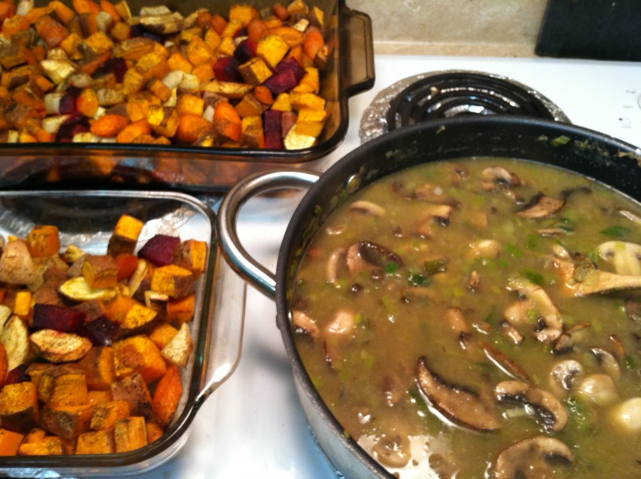 Root Vegetable Pot Pie with Garlic Cheddar Biscuit Topping Cooking