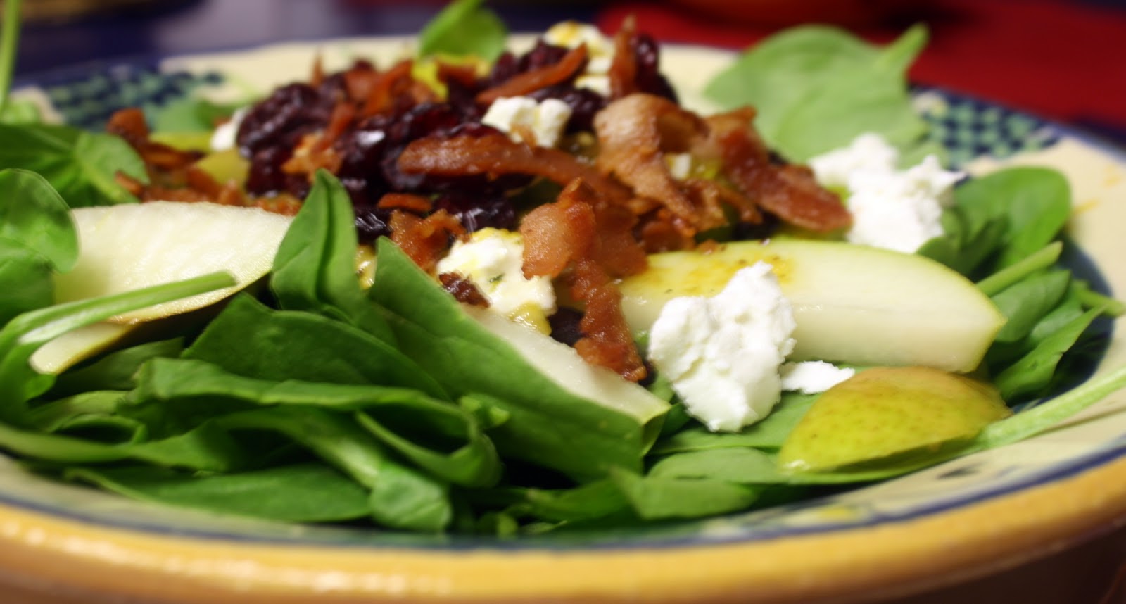 Life with the Mozas Spinach Salad with Bacon Dressing, Goat cheese and