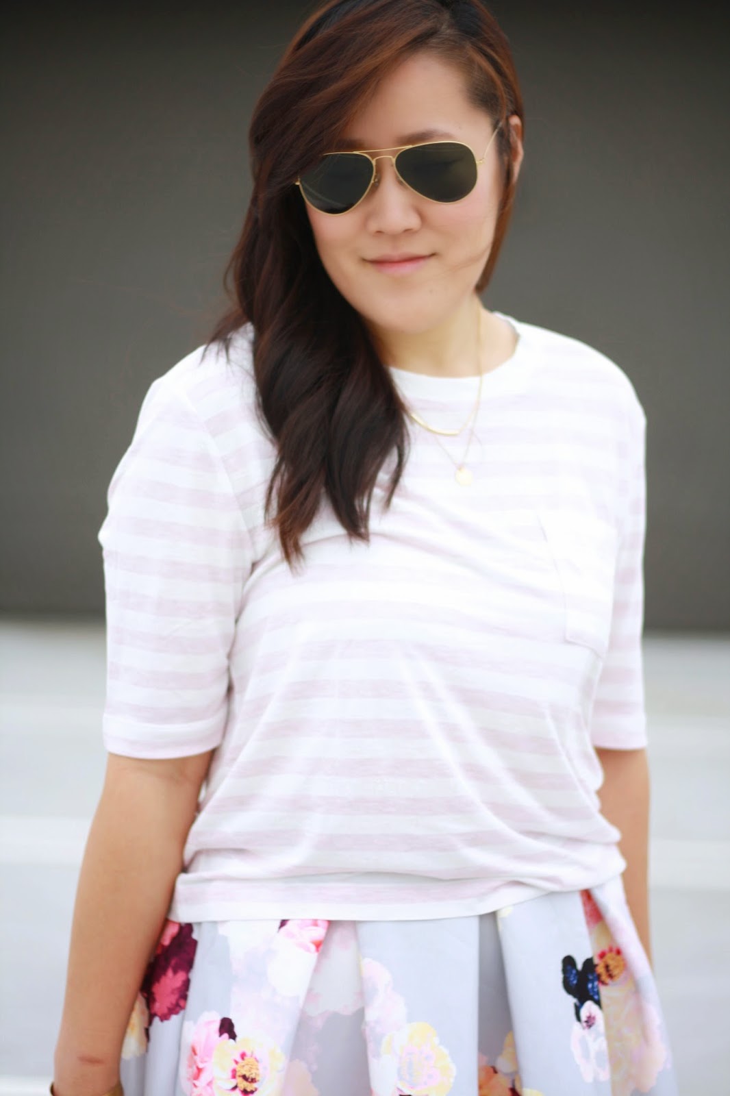 simplyxclassic, piperlime, floral skirt, pink prada bag, gap striped shirt, orange county blogger, fashion blogger, stripes and florals