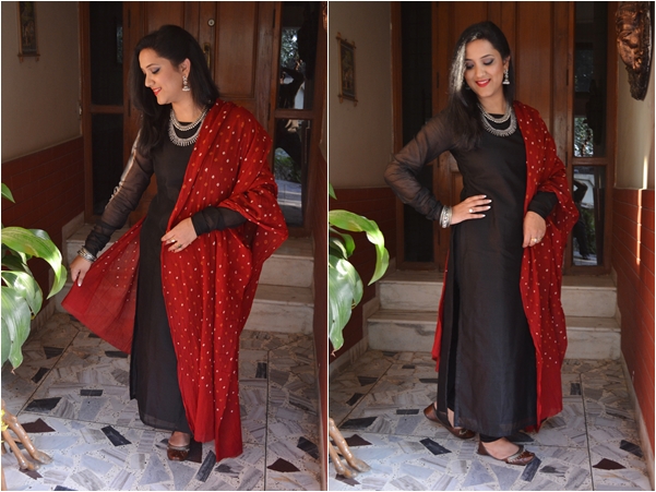 4 ways to style plain black silk kurta Indian Ethnic Wear red bandhej chunni silver jewellery