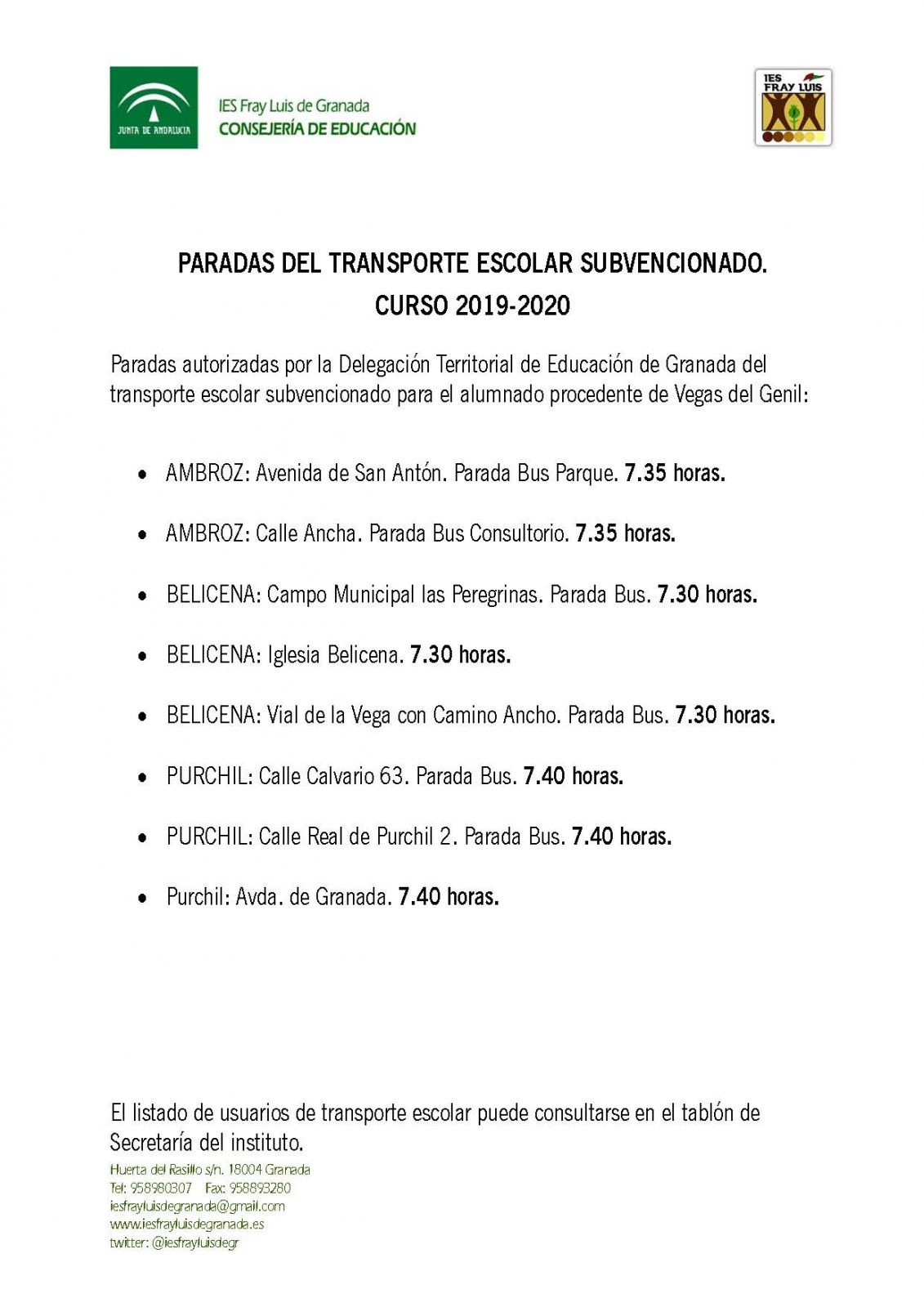 PARADAS TRANSPORTE ESCOLAR SUBVENCIONADO