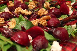 Baby Beet and Goats Cheese Salad with Walnuts and Baby Spinach