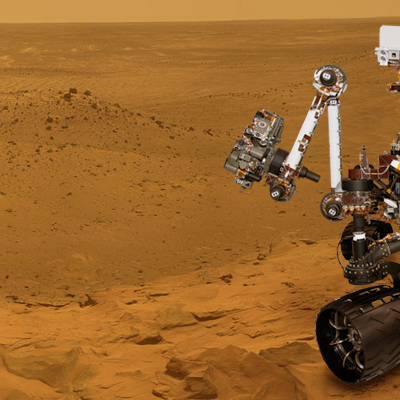 Mars Science Laboratory (MSL) Curiosity. The rover will explore Mars in late 2012 looking for evidence of life and learning more about the planet. Artistic side view over photo-composite taken by Pathfinder. NASA + JPL + Ren@rt, 2011.