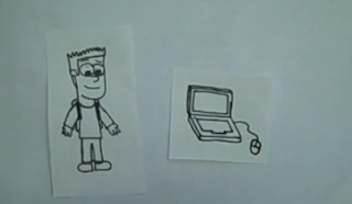 cartoon pen and ink drawings of a boy and a computer