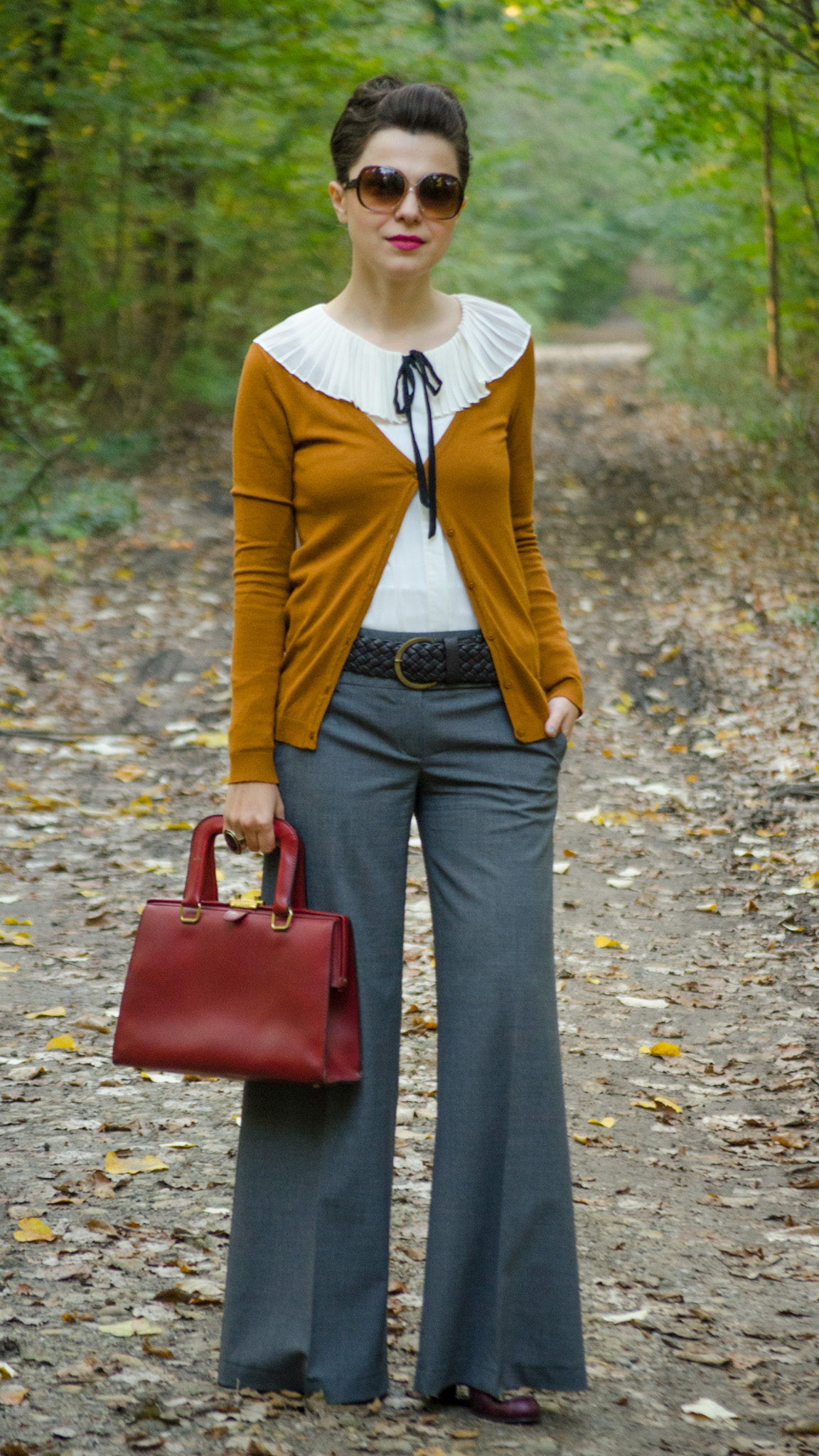 grey flare pants peter pan collar ivoire shirt black bow tie burgundy bag autumn outfit forest cardigan