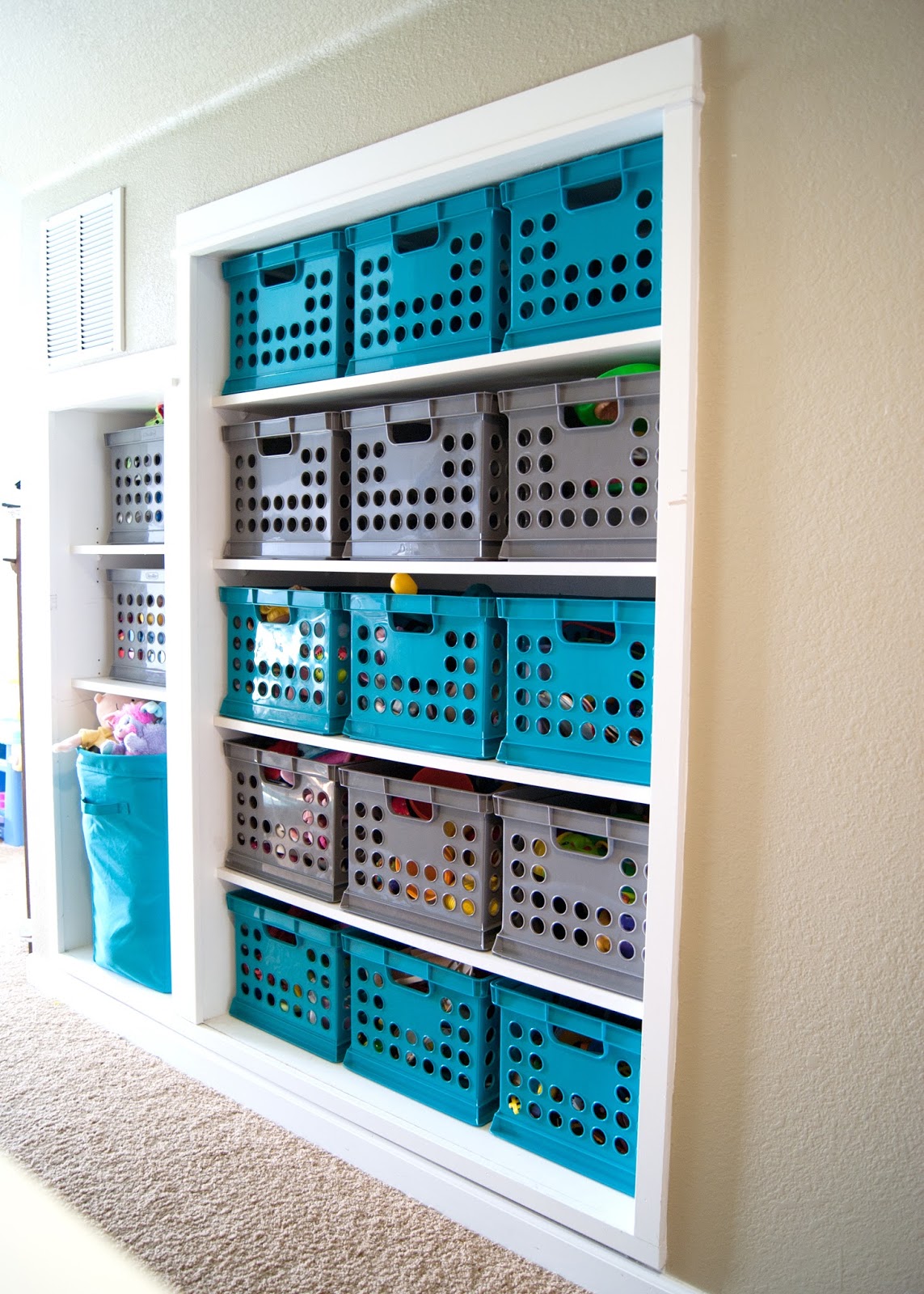 Toy Storage using Target Milk Crates and a Hamper - Turquoise and gray