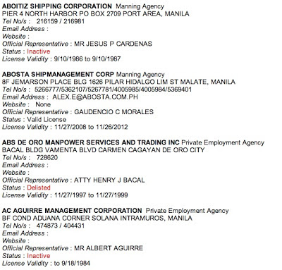 A portion of the list of POEA accredited agencies.