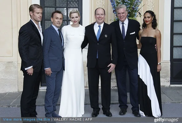 US actors of Texas Rising Donovan Trevor, Robert Knepper, (from R) Christopher McDonald and Cynthia Addai Robinson pose with Prince Albert II (3rd R) and Princess Charlene (3rd L) of Monaco in Monaco Palace as part the 55th Monte-Carlo Television Festival on June 17, 2015, in Monaco. 