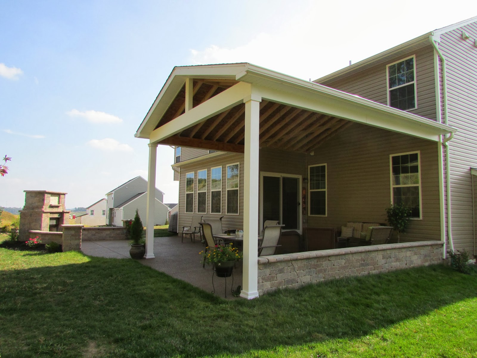 Savoy Ryan Home Outdoor Huge Fireplace, patio roof, exposed aggregate