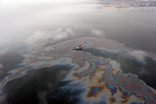 Leaked oil floating off the coast of Dalian, northeast China's Liaoning province. Leaked oil floating off the coast of Dalian, northeast China's Liaoning province.