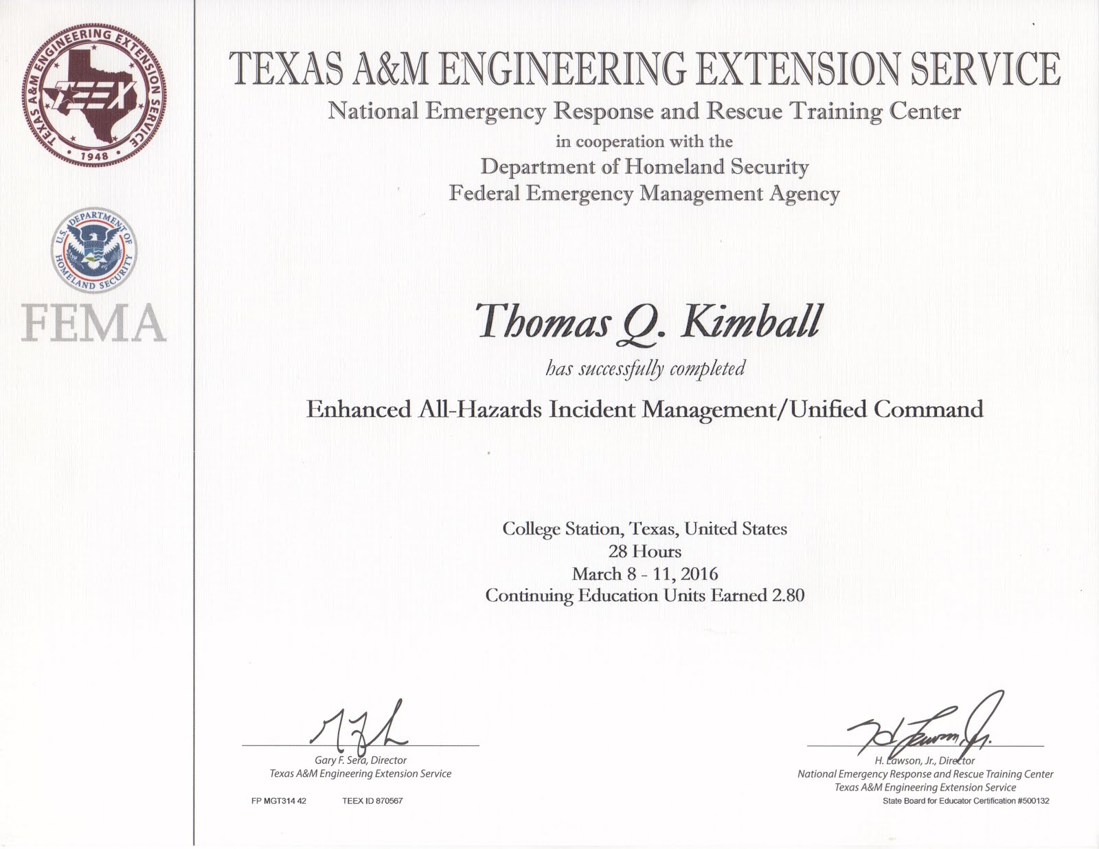 TEEX MGT-314 Enhanced All-Hazards Incident Management/Unified Command course