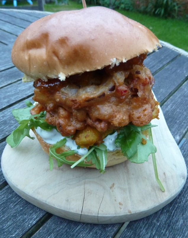 ceejays. Onion Bhaji Burger with Bombay Potatoes, Cucumber and Mint