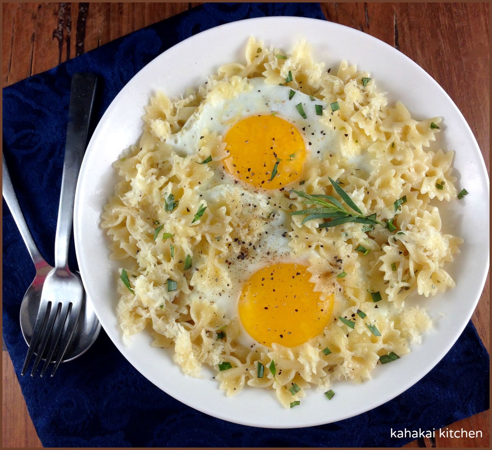 Kahakai Kitchen BowTie Pasta with Fried Eggs and Gruyère {One Photo