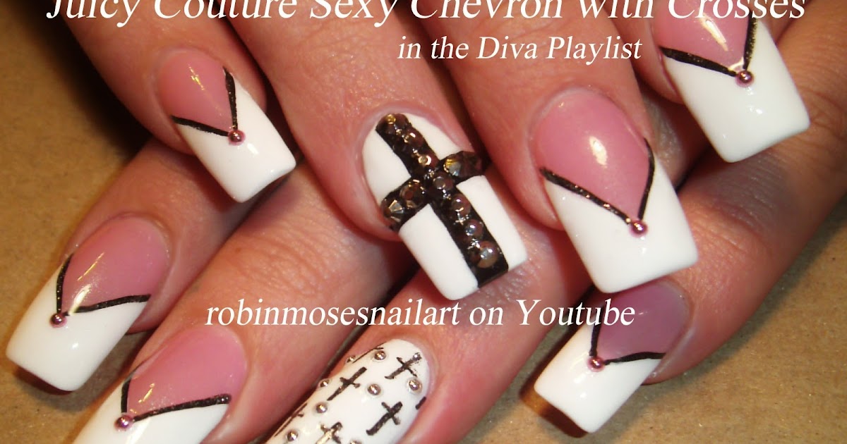 Nail Art Design Crosses Nail Art, Black and White Chevron, Long Nail