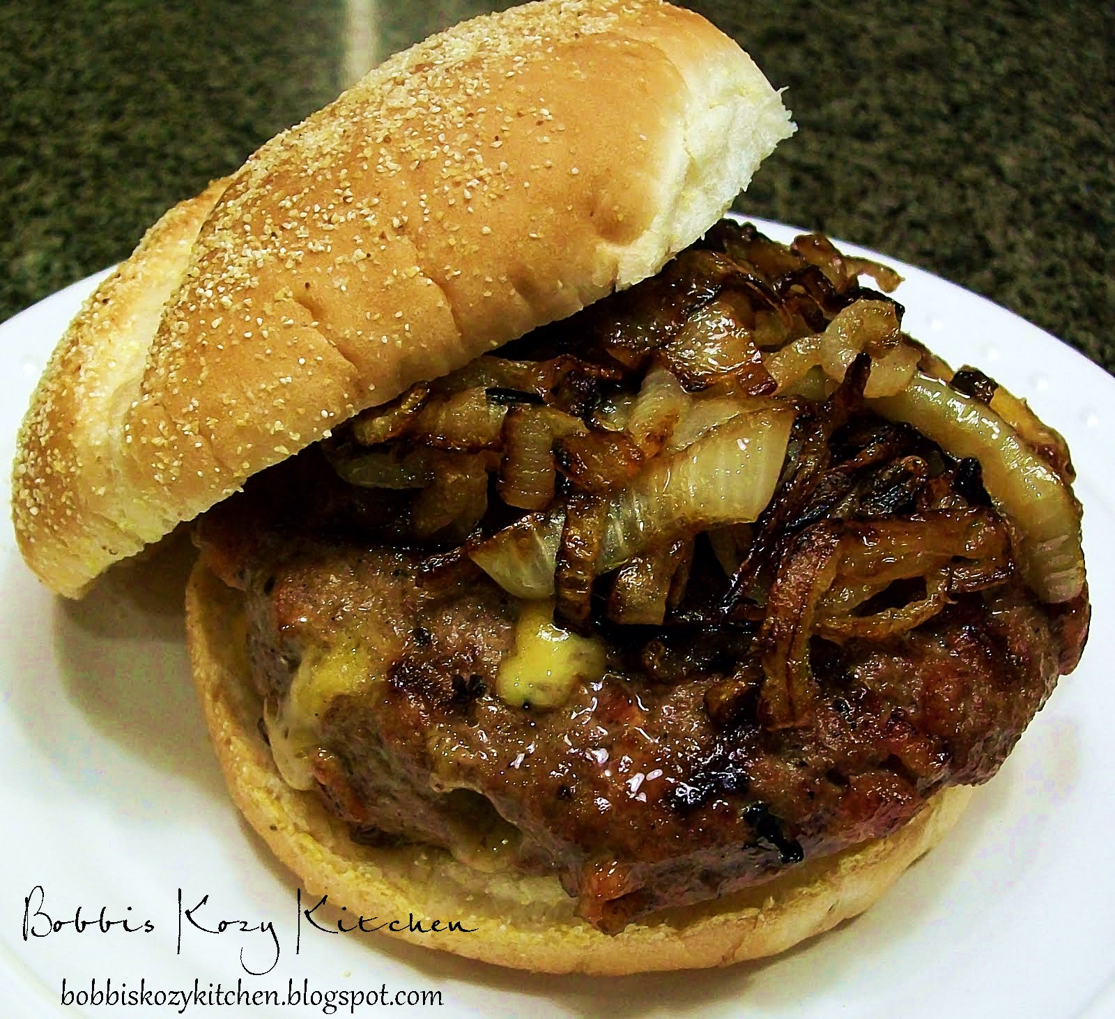 Inside Out Bacon Cheddar Burgers with Caramelized Onions Bobbi
