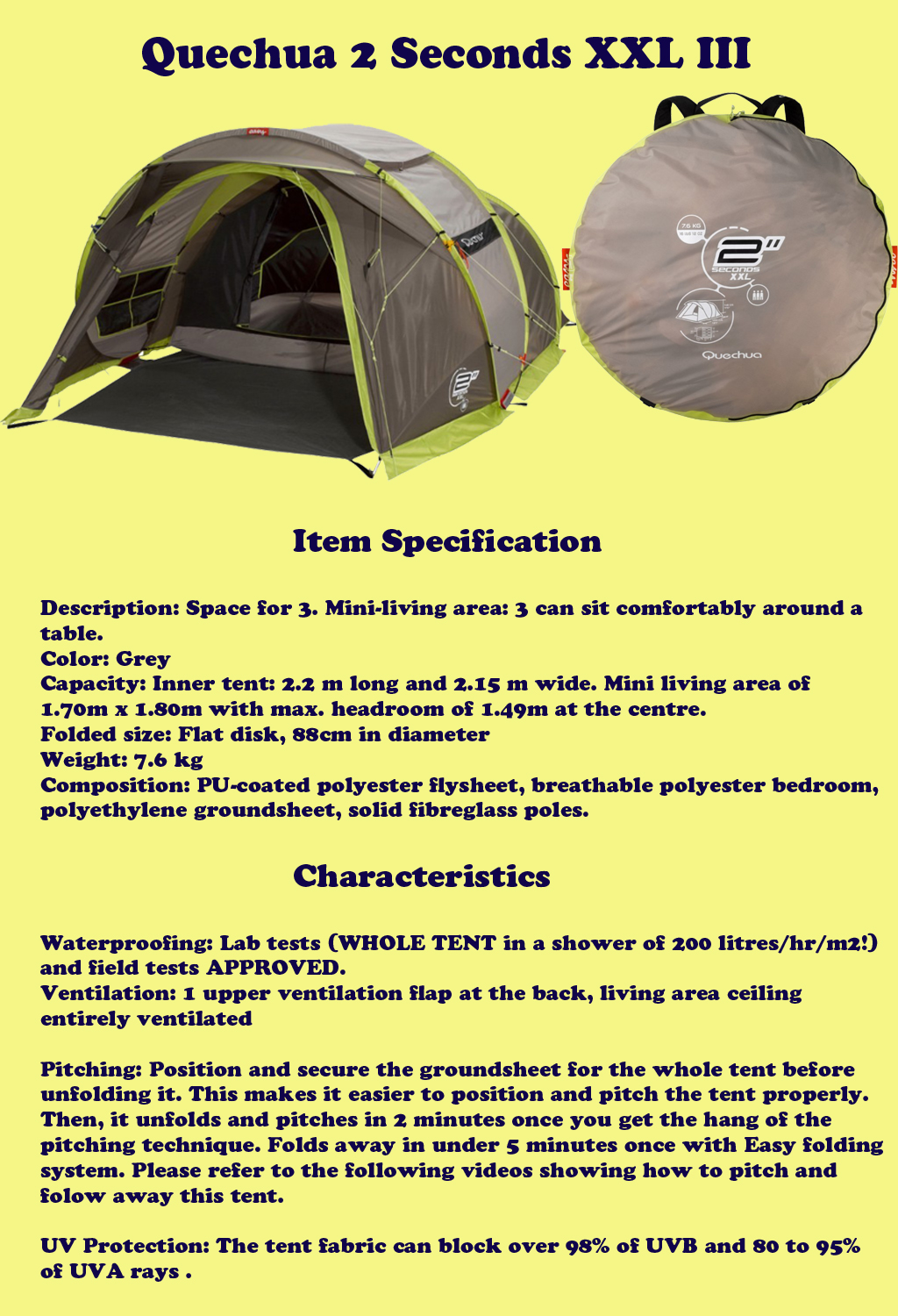 Quechua Waterproof Pop Up Camping Tent 2 Seconds XXL III, 34 Man