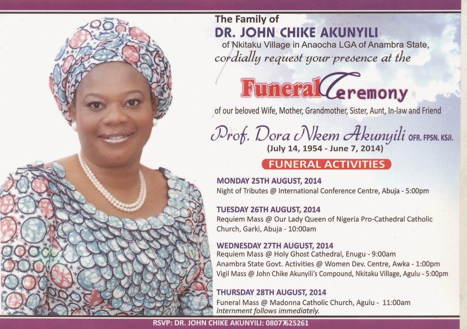 Funeral Invitation Card Of Prof Dora Nkem Akunyili Released Odogwu